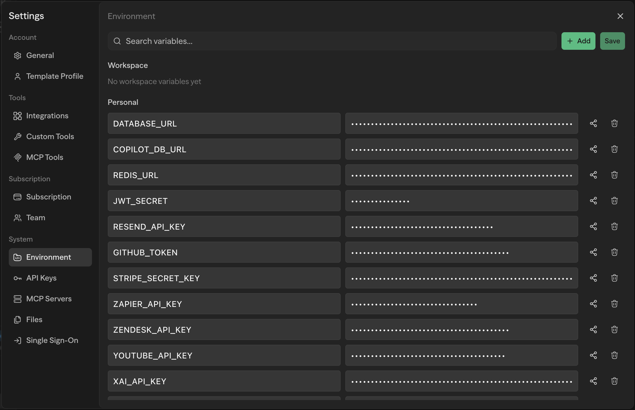 Environment variables modal for creating new variables