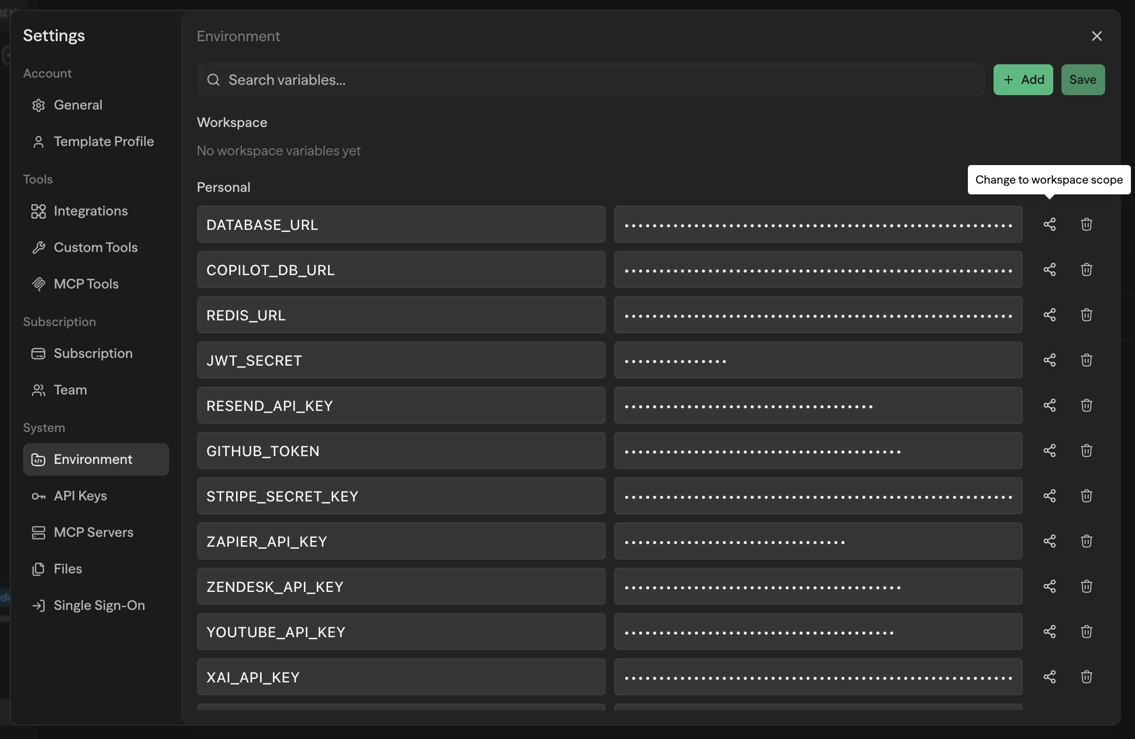 Toggle workspace scope for environment variables