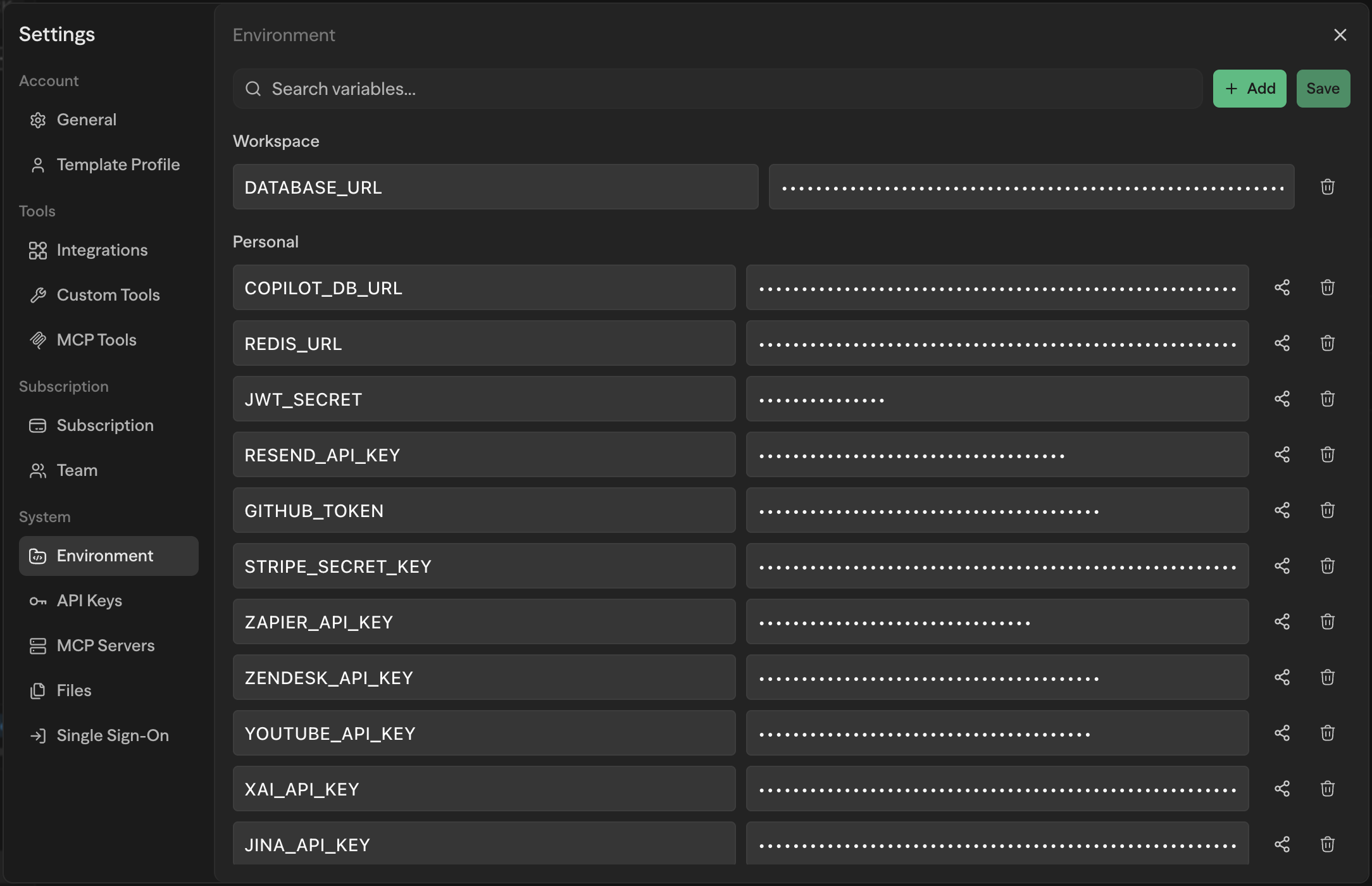 Workspace-scoped variables in the environment variables list